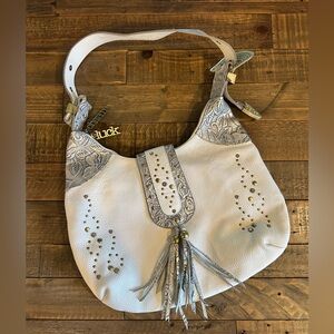 Charm and Luck by Jenny Syquia White Leather Western Embossed Studded Hobo Bag